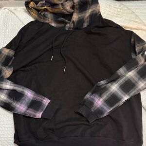 Black Hoodie with Plaid Sleeves and Hood